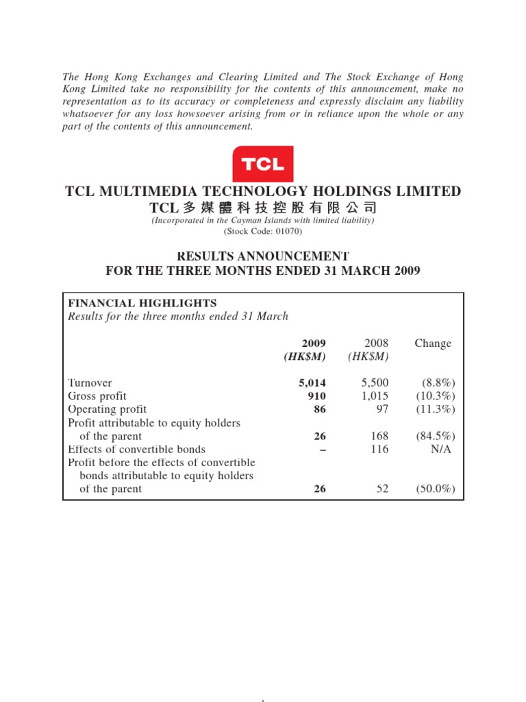 TCL Multimedia Q1 2009 Financial Results | PDF | Stocks | Equity (Finance)