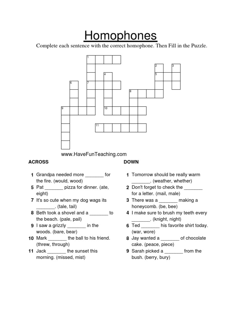 Homophones Crossword Puzzle Pdf