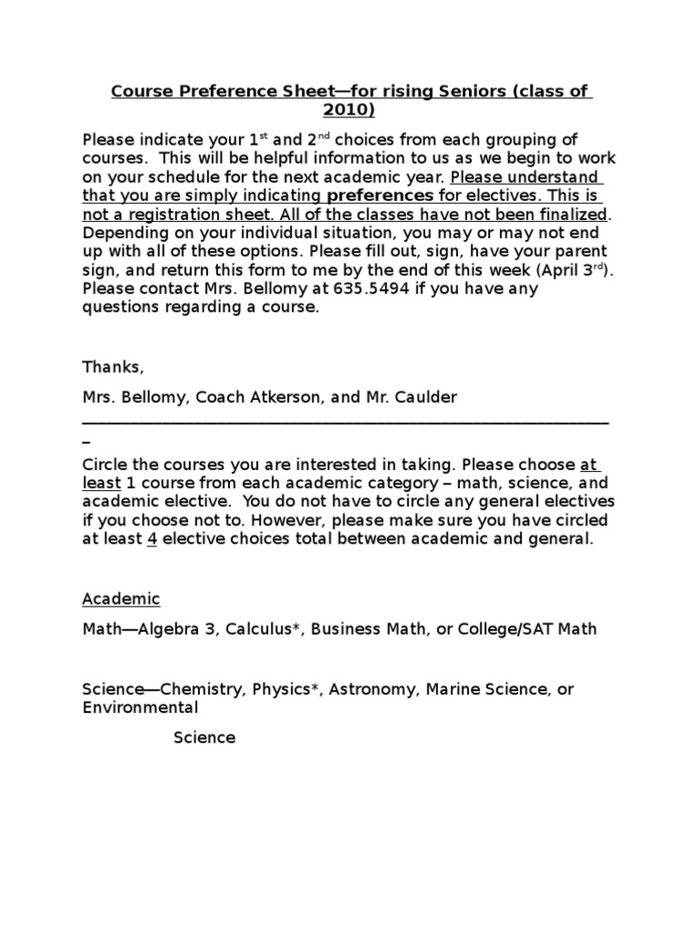 2009-2010 Course Preference Sheet Rising Seniors (Class 2010) | PDF ...