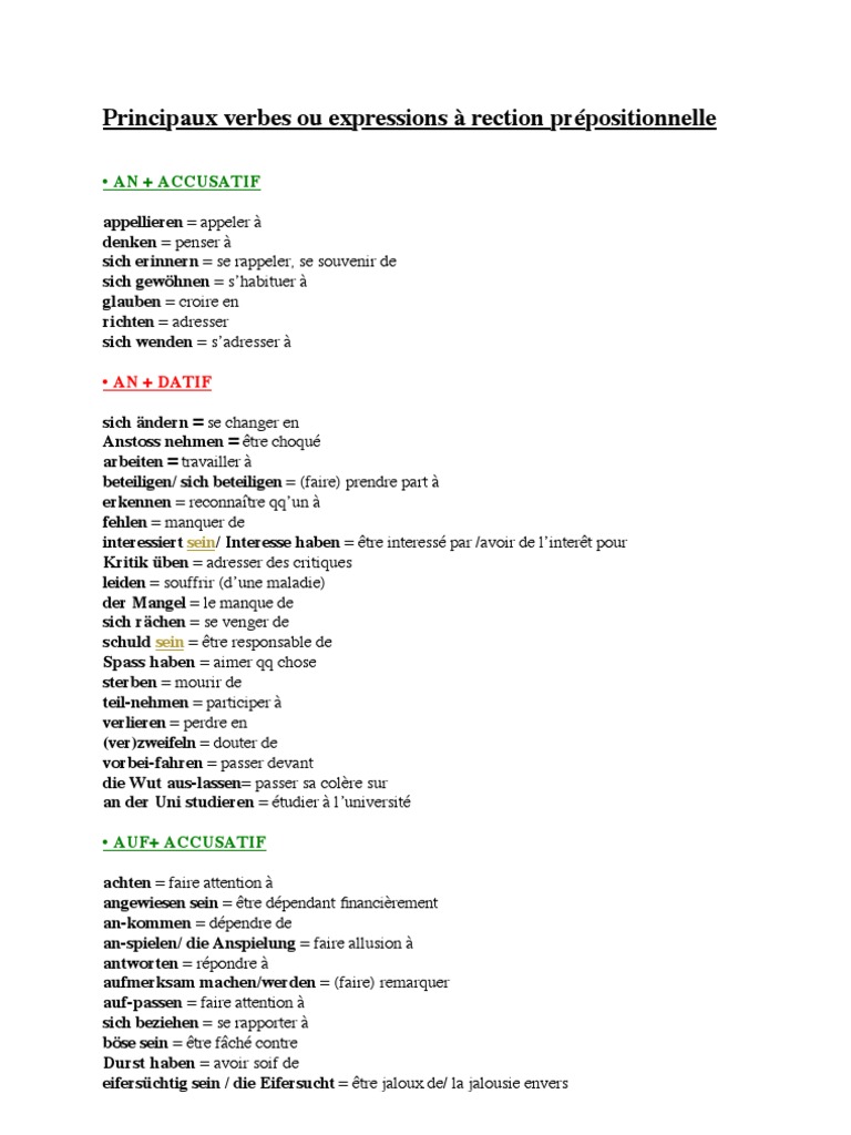 Verbe S Appeler En Allemand Allemand Verbes À Rection Prépositionnelle | PDF