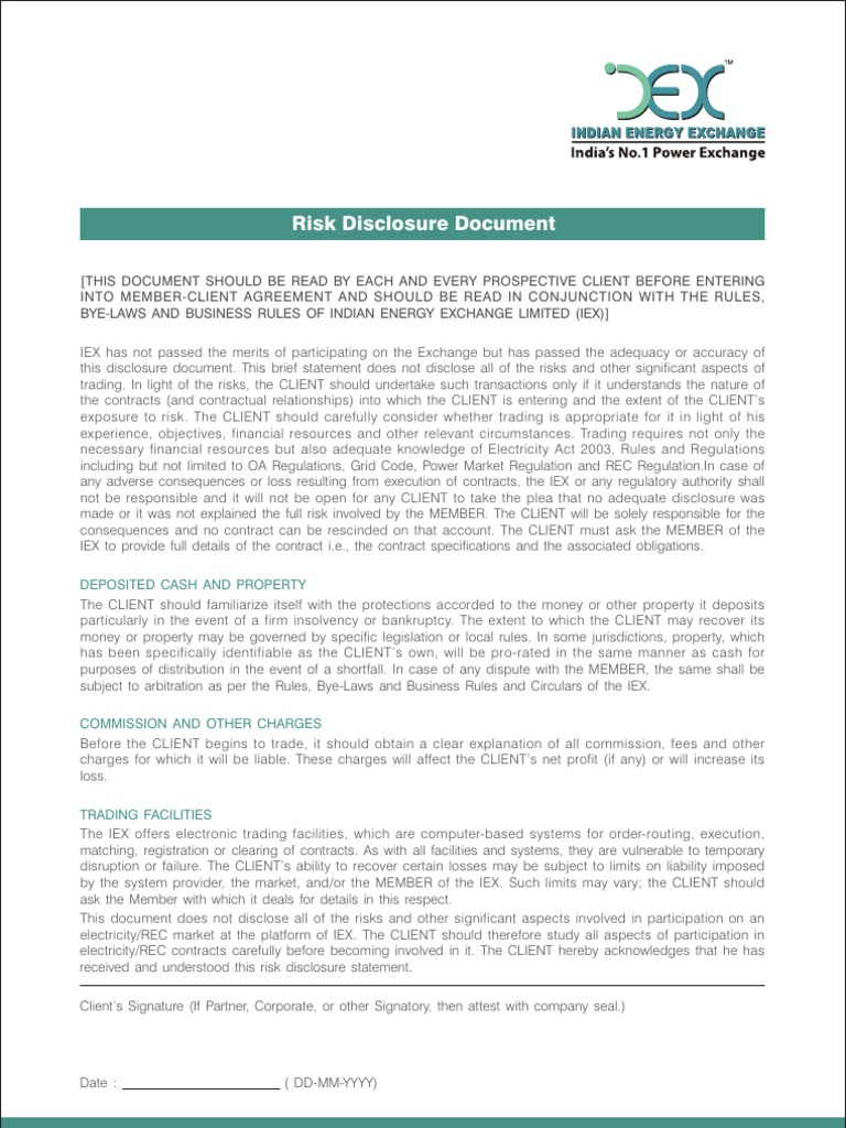 Risk Disclosure Document: Deposited Cash and Property | PDF | Risk ...