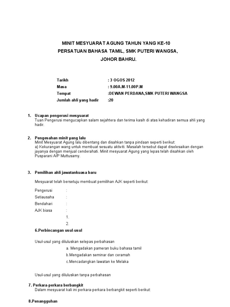 Contoh Minit Mesyuarat Agung Pdf