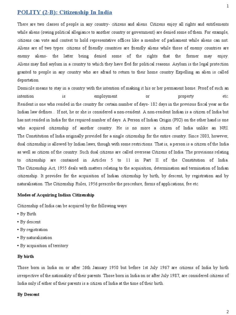 Understanding Citizenship in India | PDF | Citizenship | Naturalization