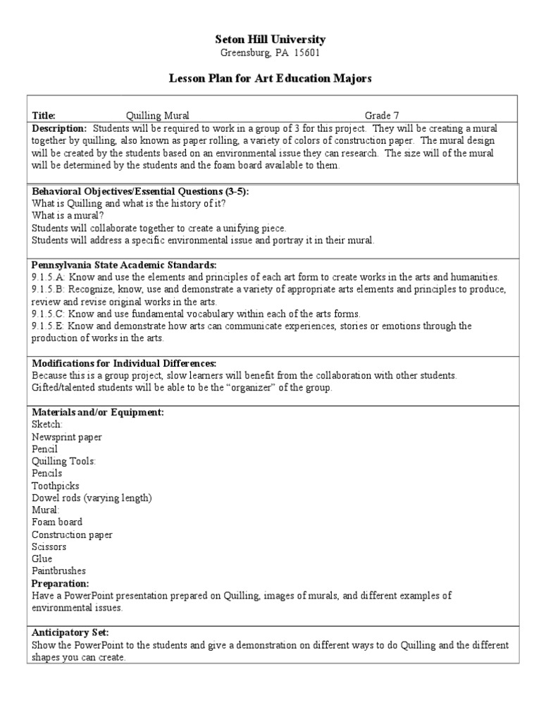 Quilling Lesson Plan PDF Lesson Plan Behavior Modification