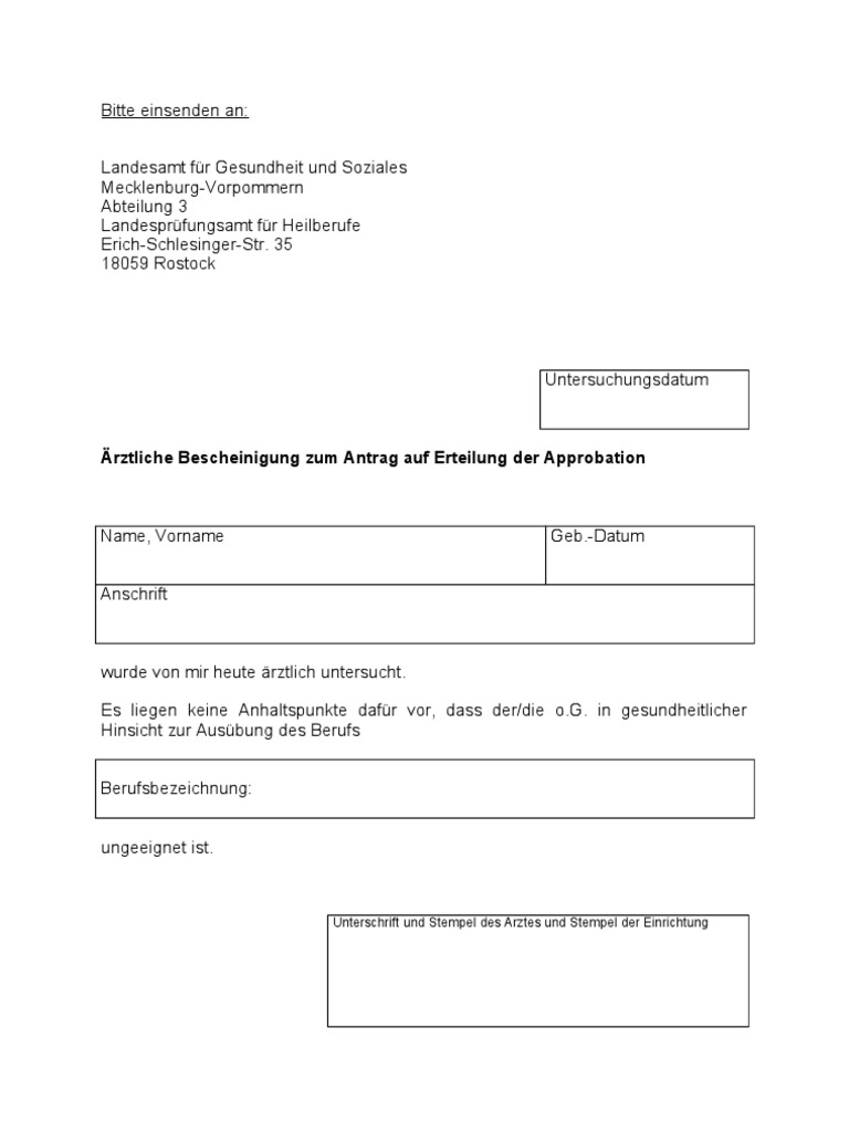 Aerztliche Bescheinigung Approbation | PDF