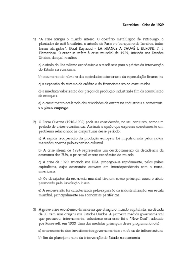 Exercícios - Crise de 1929 | PDF
