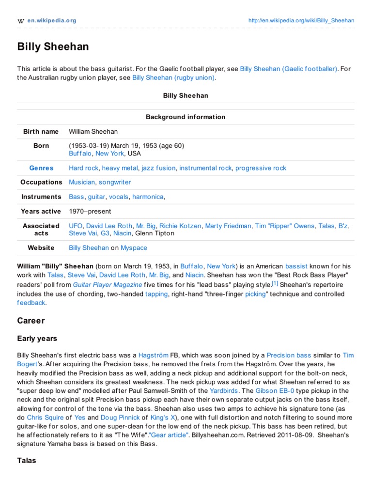 Billy Sheehan Background Information Birth Name Born | PDF | Musicians