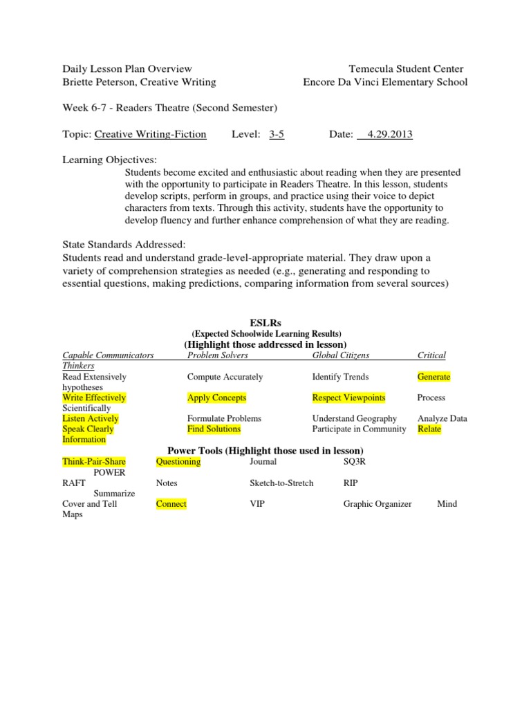 week 10 and 11 lesson plan- readers theater elementary | Reading