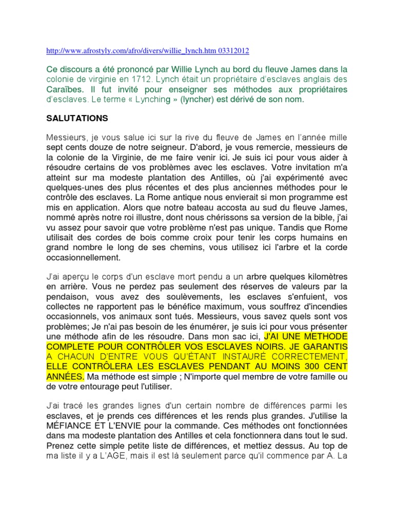 Discours de Willie Lynch Chevaux Esclavage Free 30day Trial Scribd
