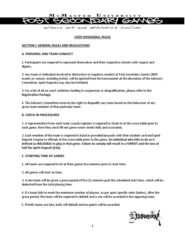 Coed Dodgeball Rules Section I General Rules and Regulations A