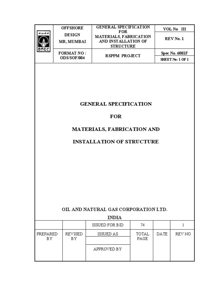 General Specification for Materials, Fabrication and Installation of