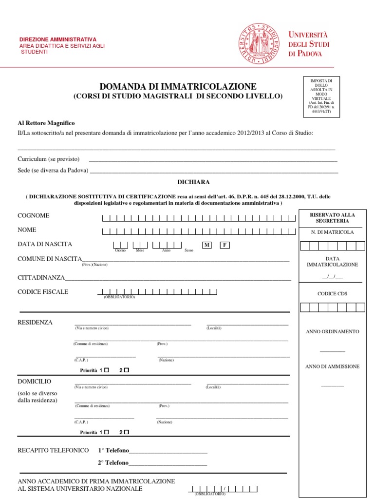 Modulo Immatricolazione | PDF