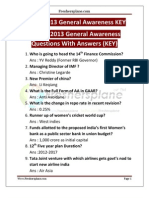 SBI PO 2013 General Awareness KEY | SBI PO 2013 General Awareness Questions With Answers