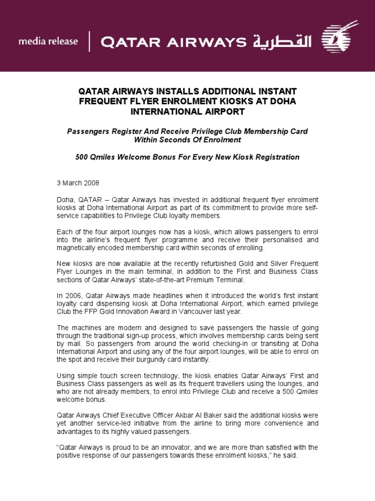 Qatar Airways Installs Additional Instant Frequent Flyer Enrolment