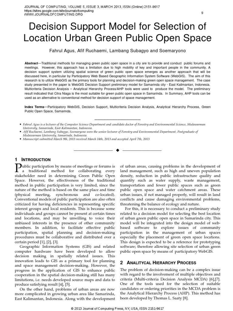 Decision Support Model For Selection of Location Urban Green Public ...
