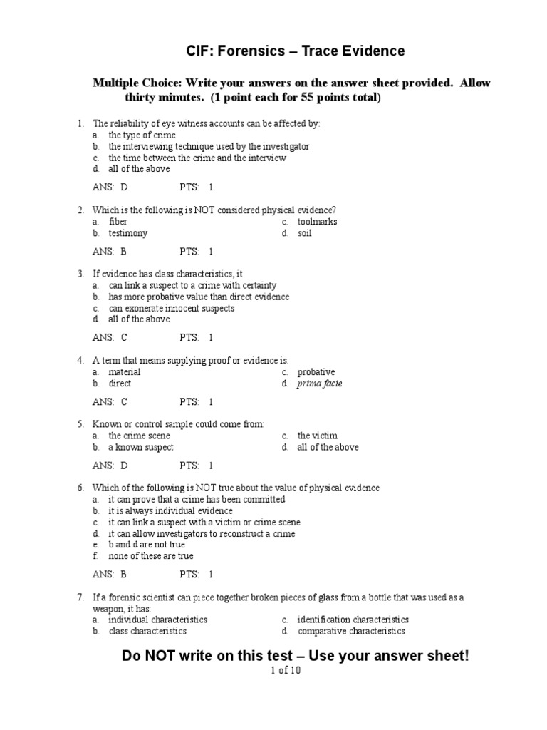 CIF_2_Test 2 - Trace Evidence Key | Hair | Soil