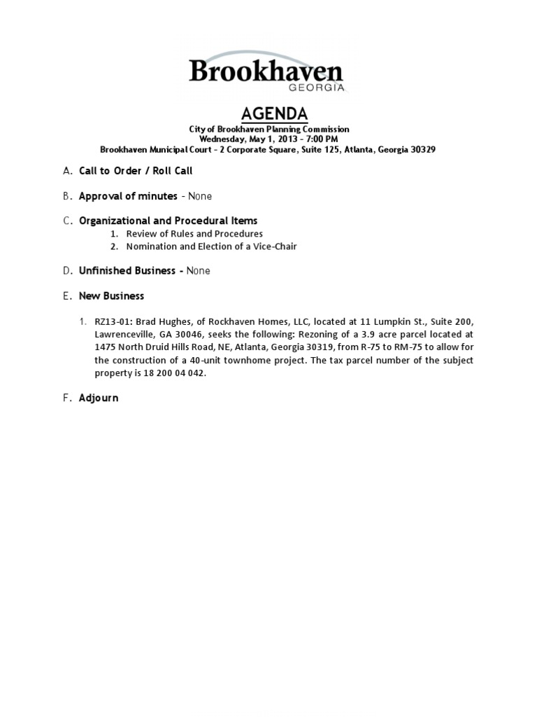 The City of Brookhaven, GA Planning Commission Agenda and Supporting