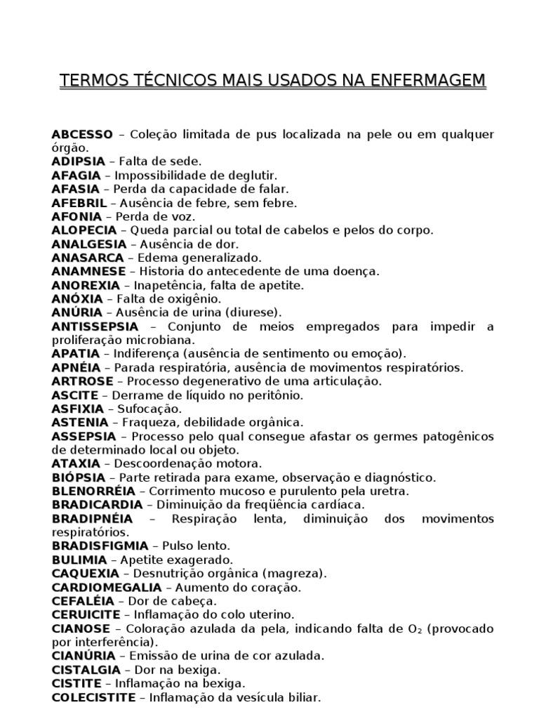 Termos Tecnicos Mais Usados Na Enfermagem PDF Edema Sangue