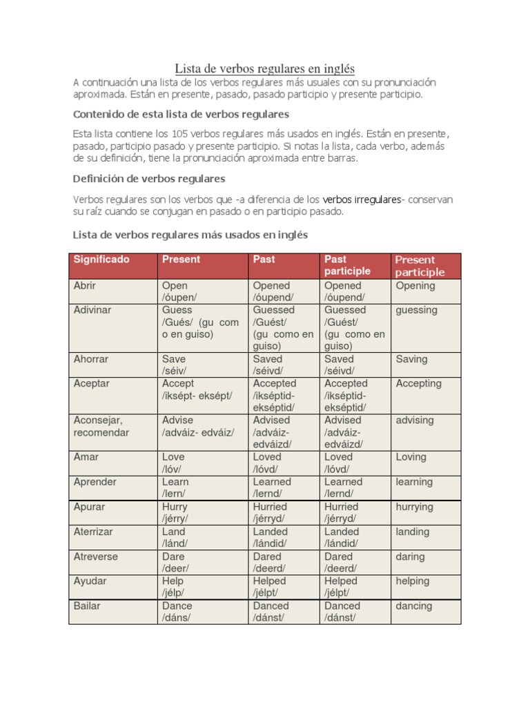 Lista de verbos regulares en inglés | PDF | Verbo | Unidades Semánticas