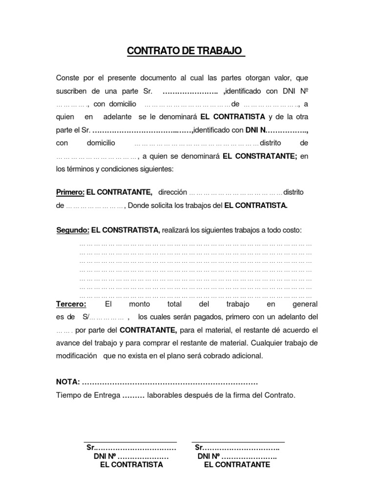 Formato De Contrato De Trabajo A Todo Costo Para Llenar