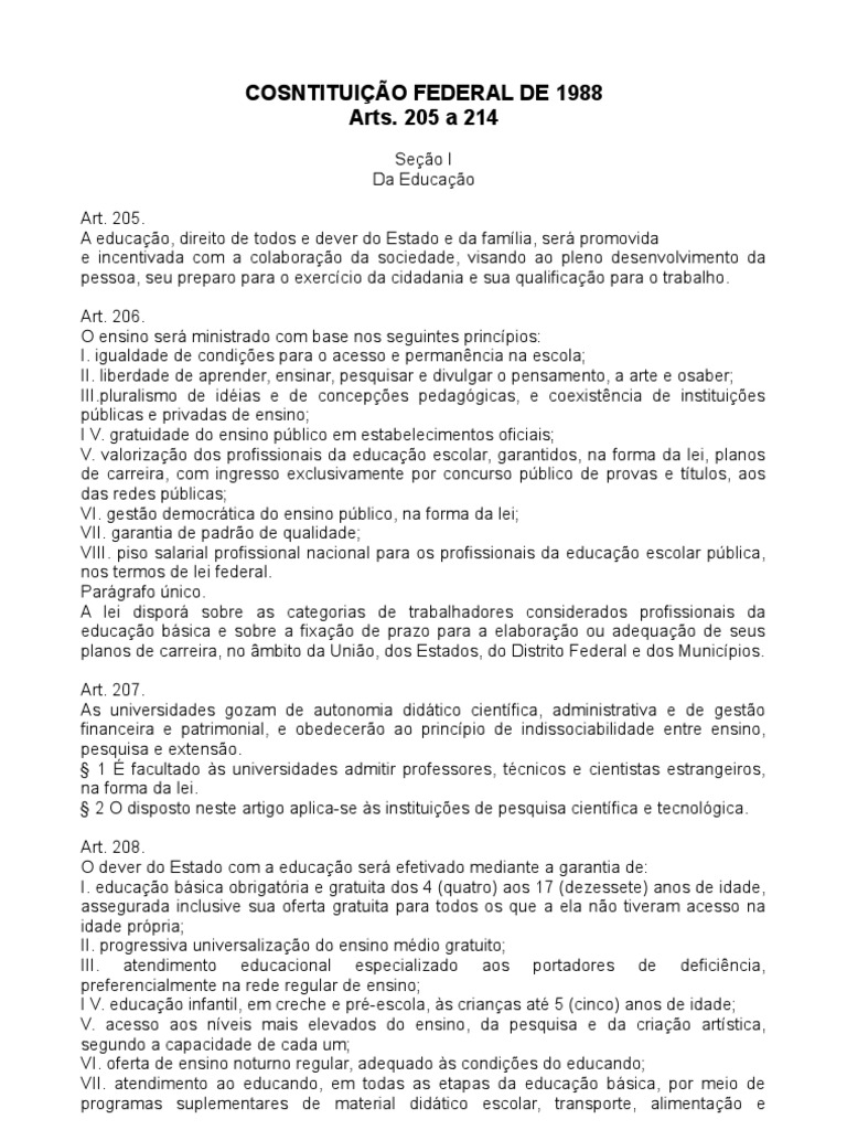 Constituição Federal de 1988 - Arts. 205 a 214 | PDF | Pré-escola | Escolas