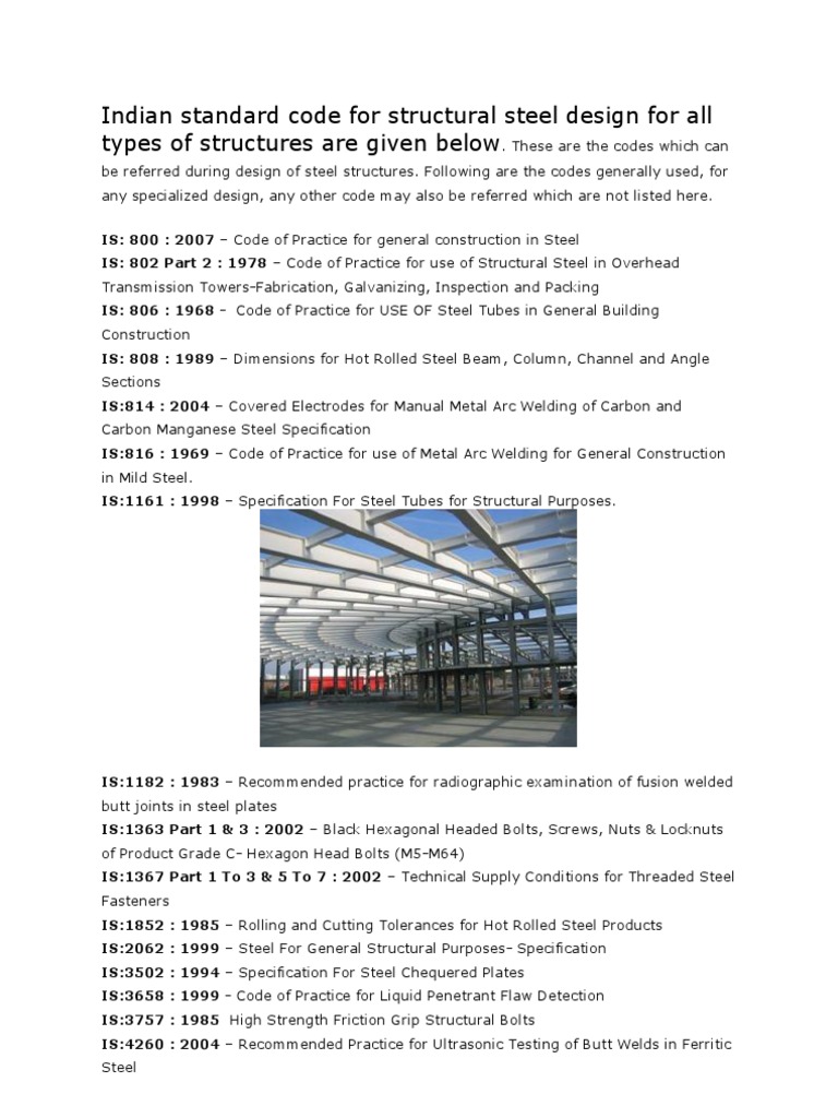Indian standard code for structural steel design for all types of