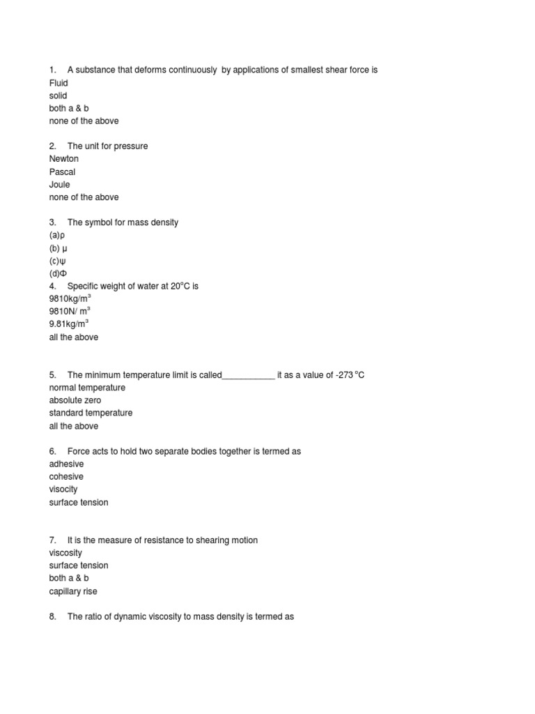 Fluid Mechanics Quiz | PDF | Viscosity | Boundary Layer
