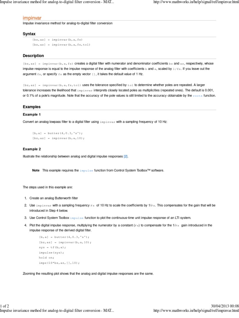 Impulse Invariance Method For Analog-To-Digital Filter Conversion ...