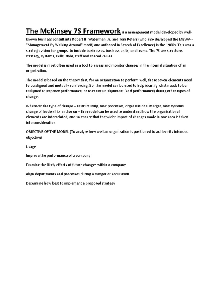 The McKinsey 7S Framework Is A Management Model Developed by Well | PDF ...