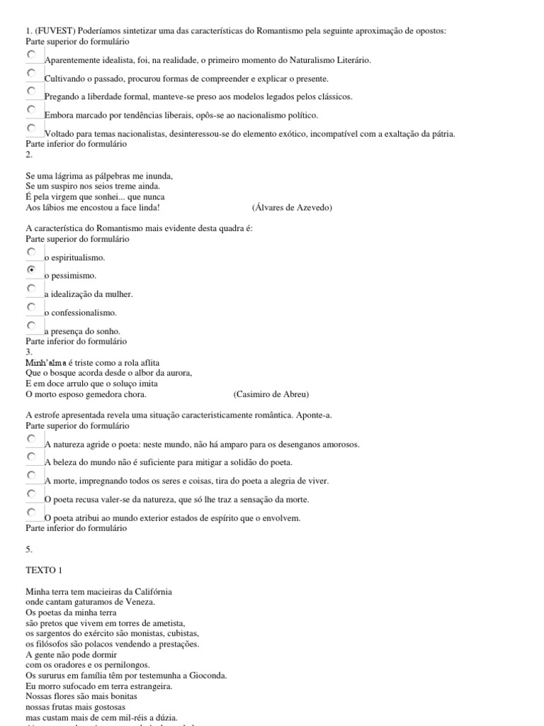 Romantismo Questões Gabarito | PDF | Romantismo | Poesia