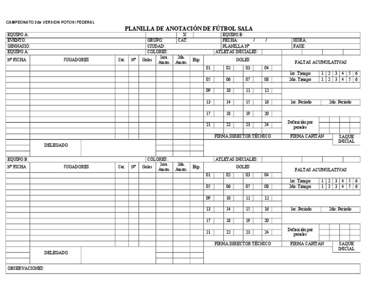 Planilla de Futsal PDF Asociación de Futbol Deportes