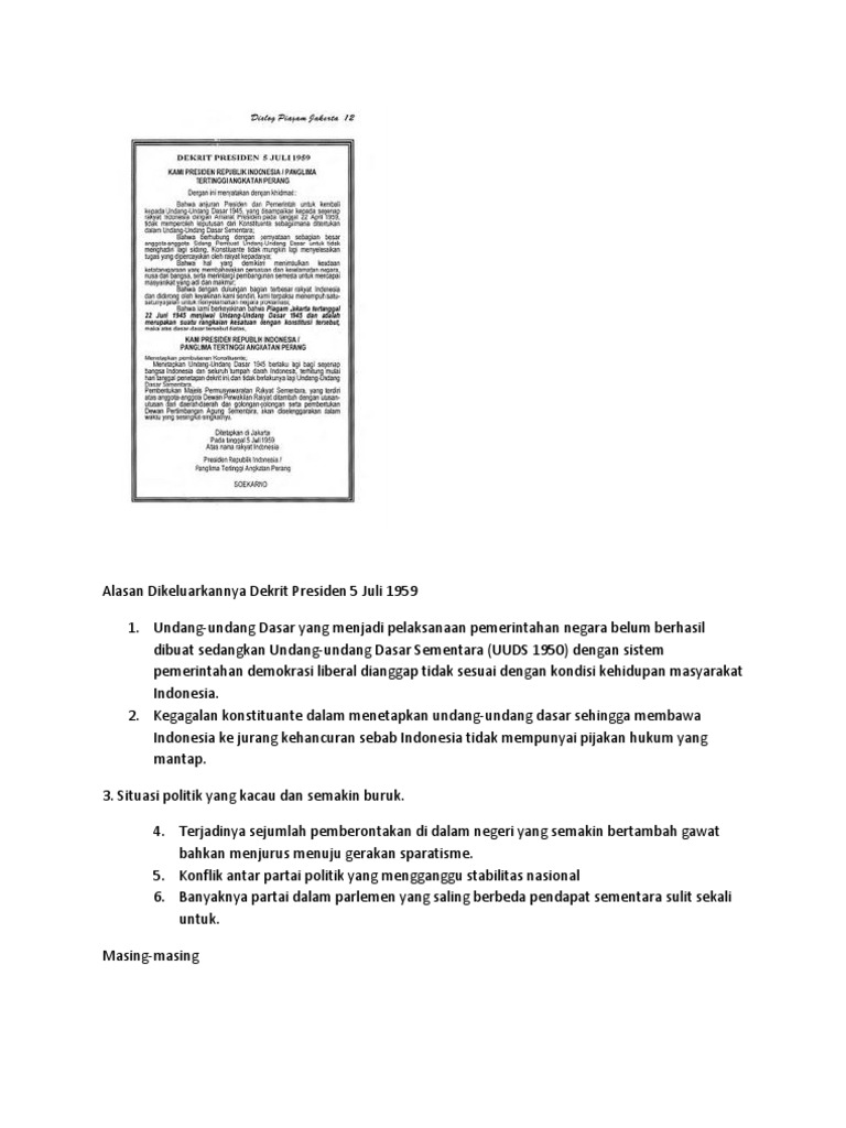 Alasan Dikeluarkannya Dekrit Presiden 5 Juli 1959