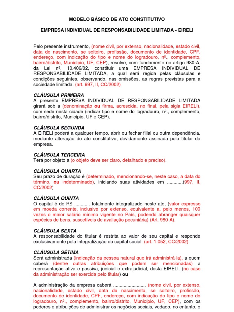MODELO BÁSICO DE ATO CONSTITUTIVO EIRELI | Estado | Governo