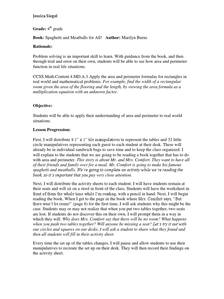 Spaghetti and Meatballs For All Lesson Plan PDF Area Behavior