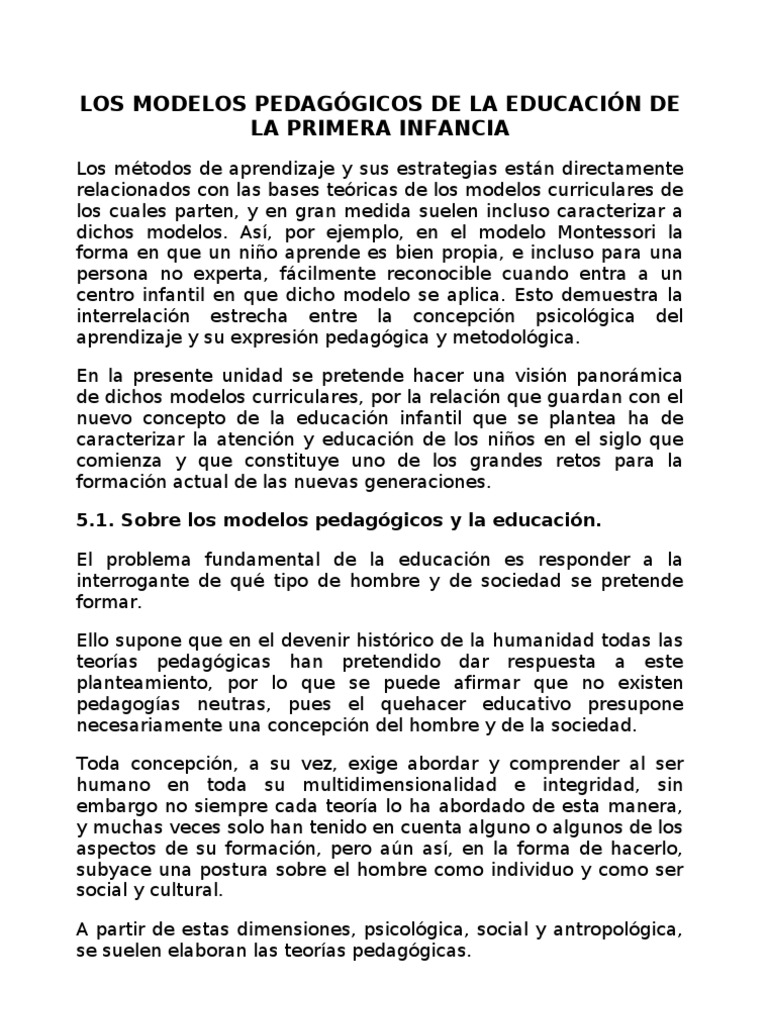 Modelos Pedagógicos en la Primera Infancia | PDF
