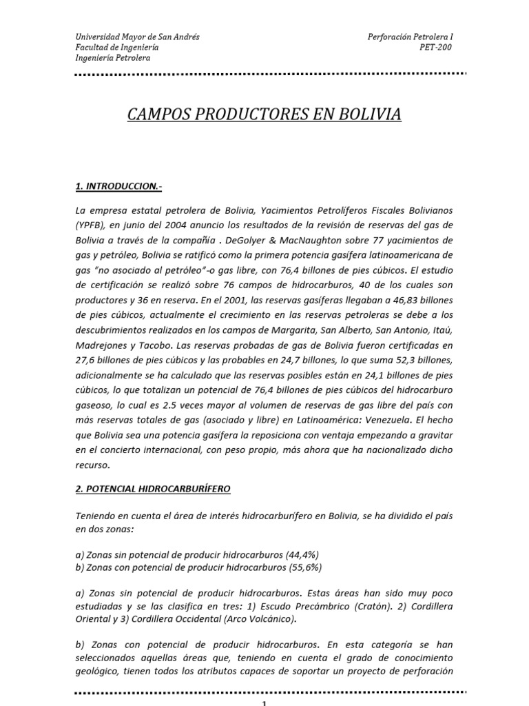 Campos Productores de Hidrocarburos en Bolivia | PDF | Petróleo | Bolivia