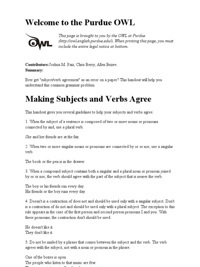 Purdue OWL SubjectVerb Agreement PDF Grammatical Number Subject