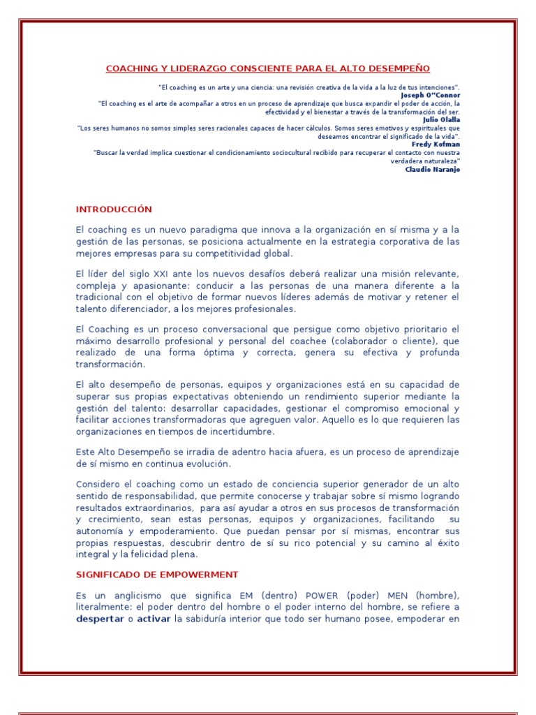 Coaching y Liderazgo Consciente para El Alto Desempeño | PDF