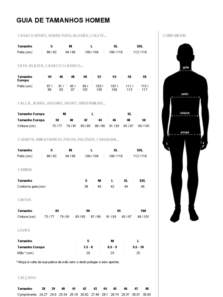 Guia de Tamanhos Homem Zara