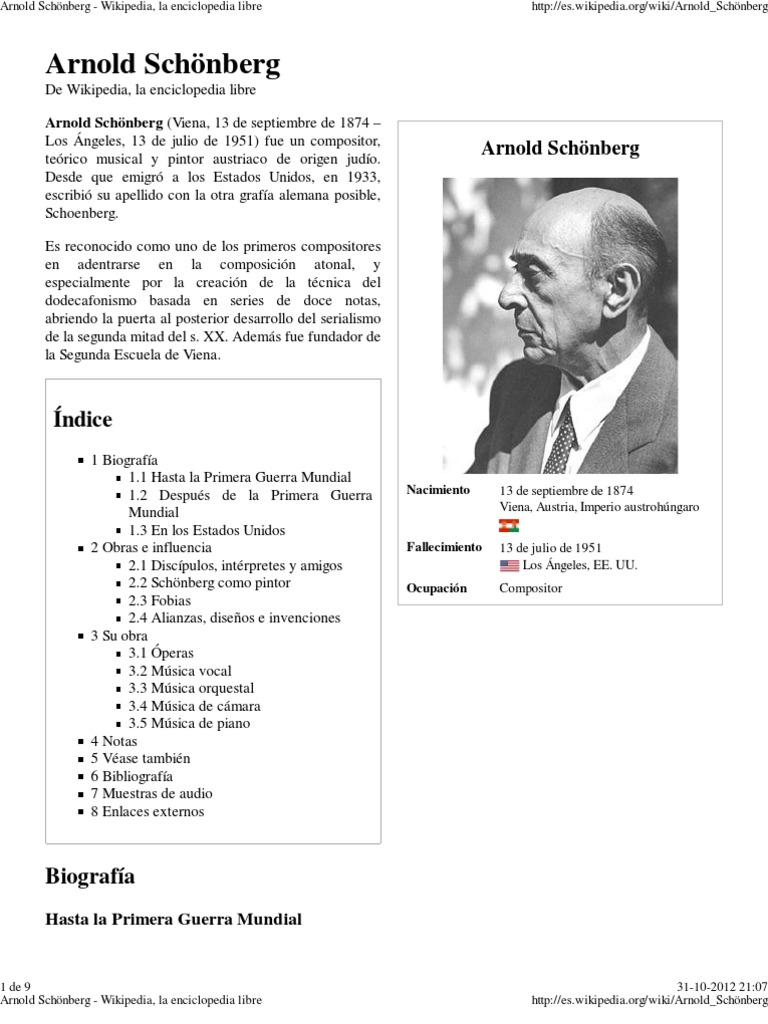 Arnold Schönberg Wikipedia, La Enciclopedia Libre | PDF | Música clásica | Artes (general)