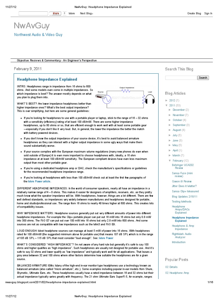 Headphone Impedance Explained PDF Headphones Amplifier