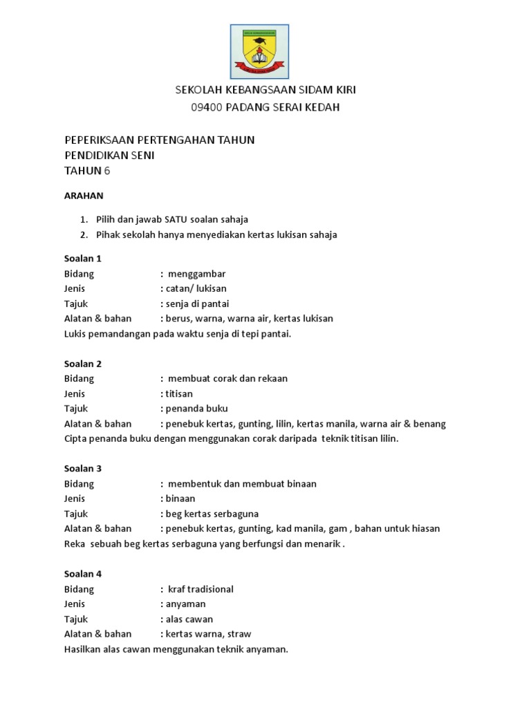 Soalan Seni Tahun 6 Pdf