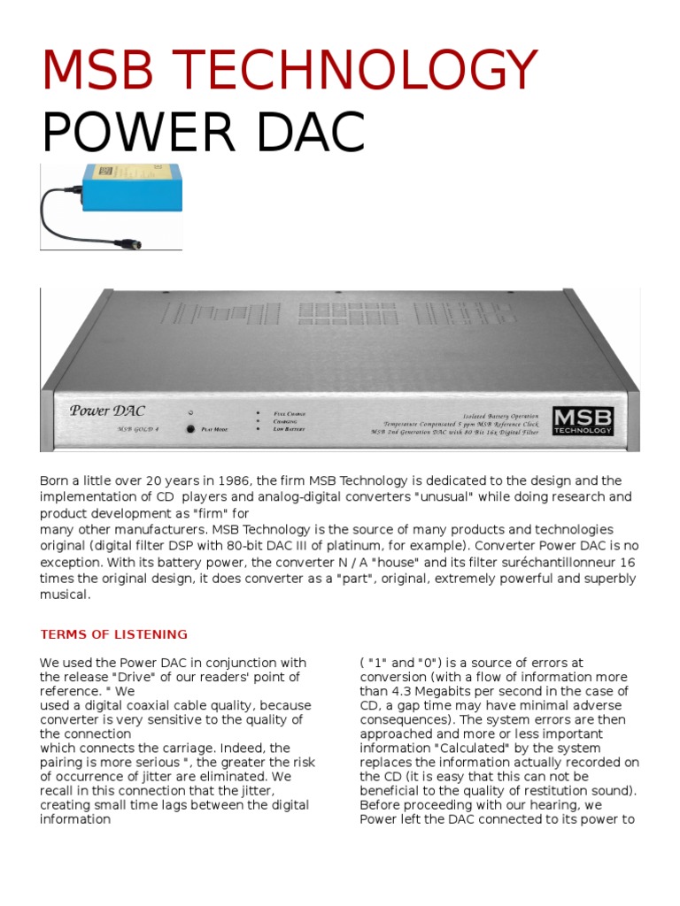 MSB Power DAC: Exceptional Sound Quality | PDF | Digital To Analog ...