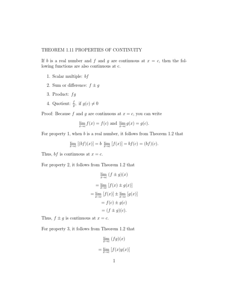 Continuity Properties Theorem 1.11 | PDF