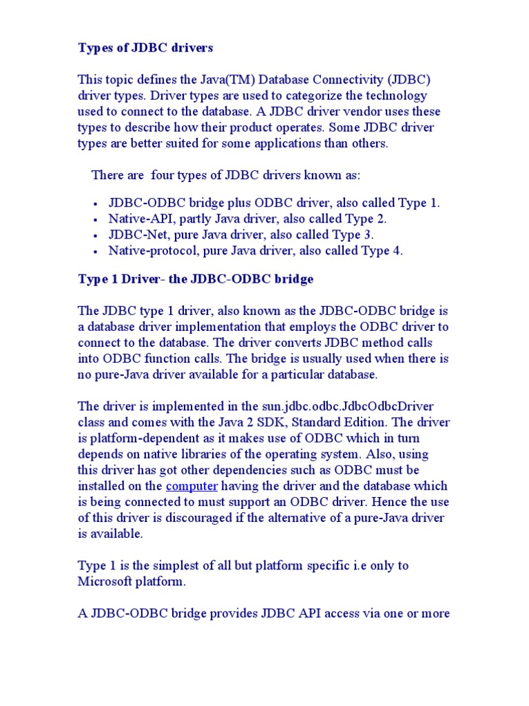 An InDepth Comparison of the Four Types of JDBC Drivers PDF