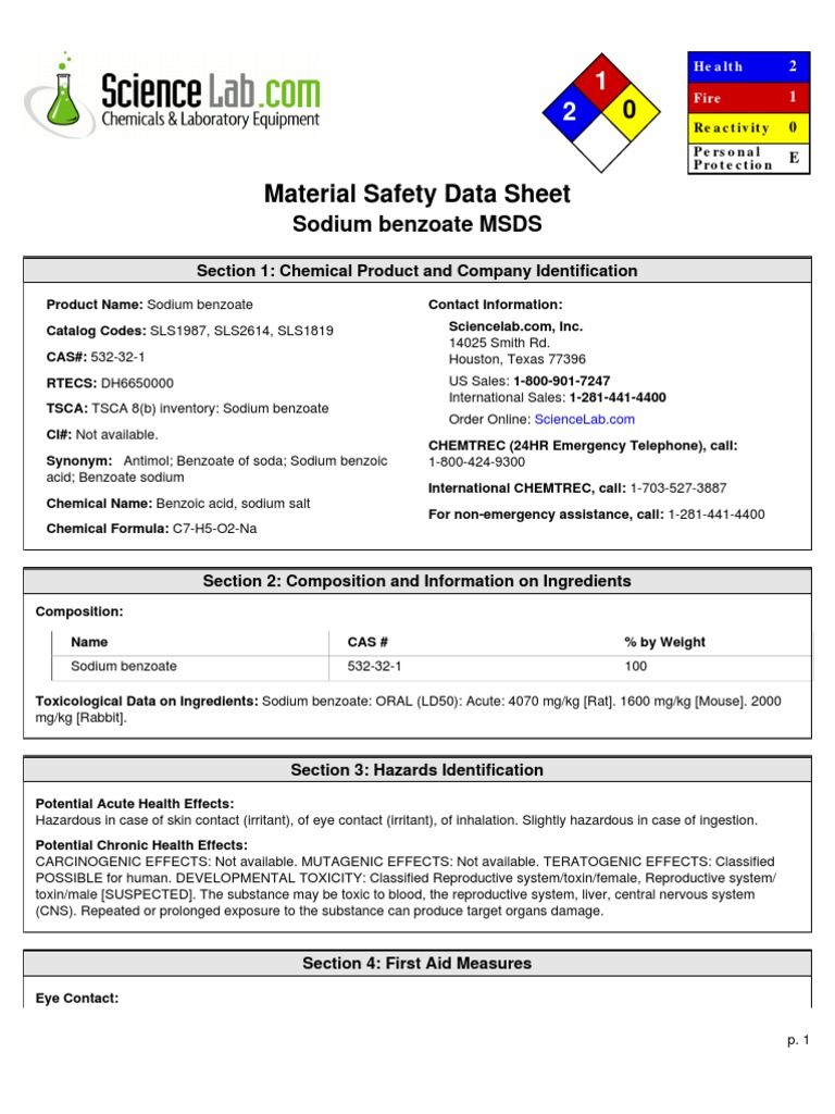 Material Safety Data Sheet for Sodium Benzoate Physical and Chemical