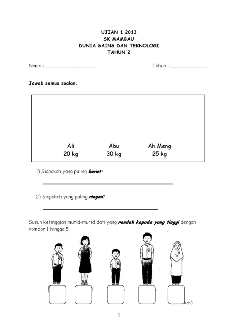 Dunia Sains Dan Teknologi Tahun 2 Ujian