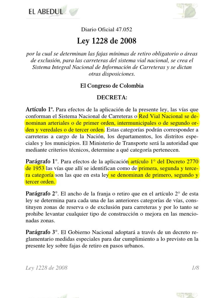Ley 1228 de 2008 | PDF | Alcalde | Transporte