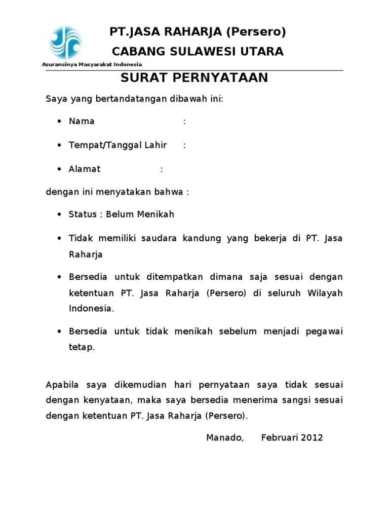 Contoh Surat Pernyataan Jasa Raharja