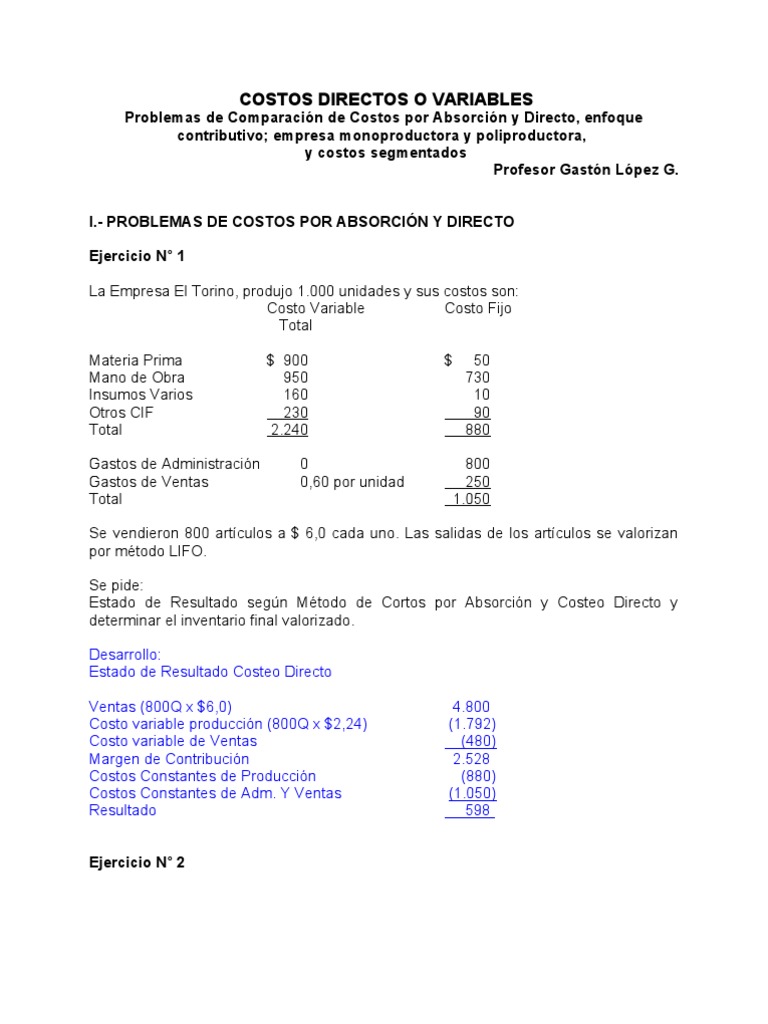 Ejercicios de Costos Directos y Variables | PDF | Euro | Inventario